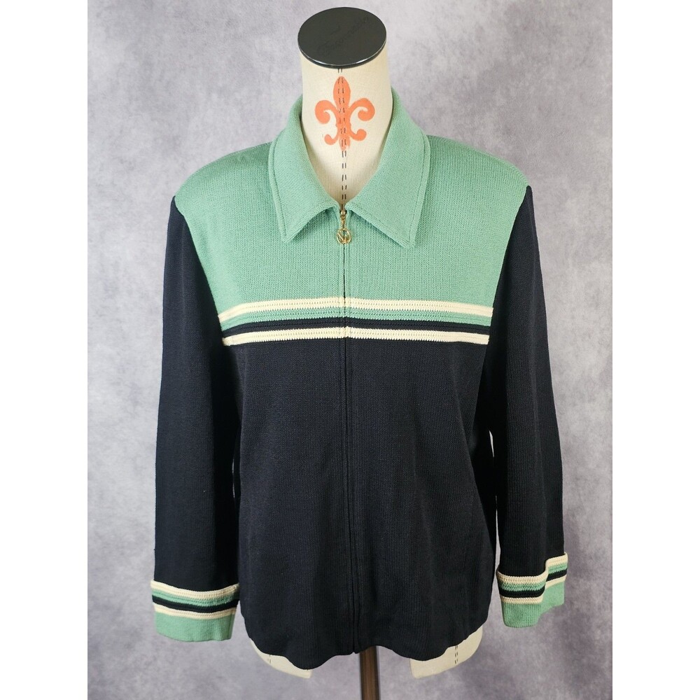 VTG St. John Sport Marie Gray Women L Black Green Knit Full Zip Long Slv Jacket